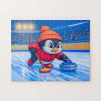 Pinguin spielt Curling auf einer eisigen Winterbah