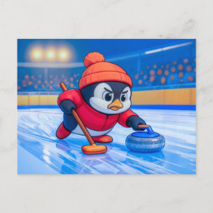 Pinguin spielt Curling auf einer eisigen Winterbah Postkarte