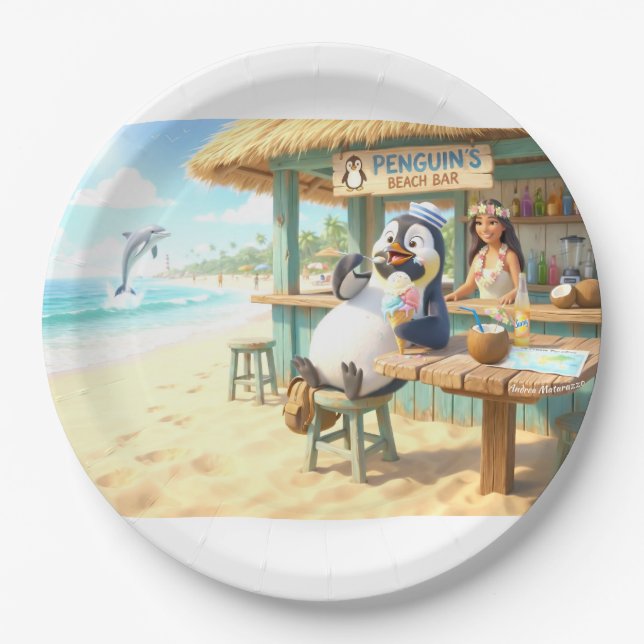 Pinguin-Strandbar Pappteller (Vorderseite)