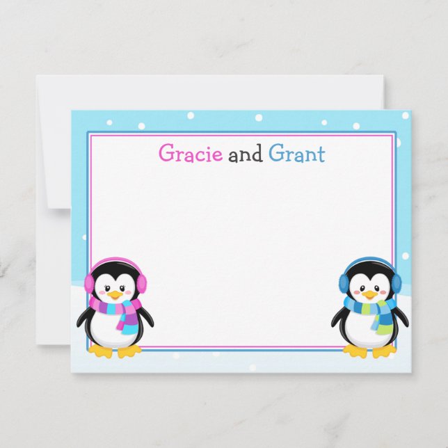 Pinguin Twins Danke, Boy/Girl Twins Mitteilungskarte (Vorderseite)