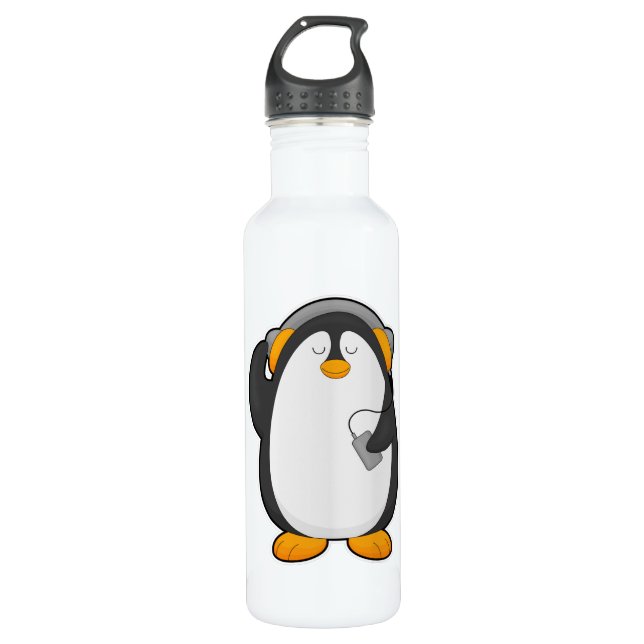 Pinguin und Mobiltelefon mit Headset Edelstahlflasche (Vorderseite)
