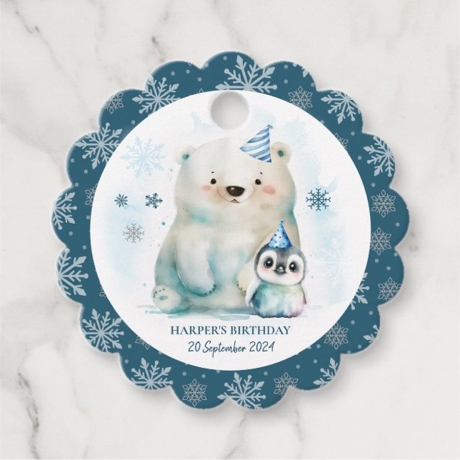 Pinguin und Polar Bear Winter Geburtstag Geschenkanhänger (Vorderseite)