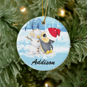 Pinguin und Schneemann mit Namen Keramik Ornament