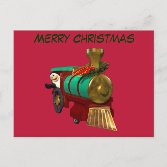 Pinguin und Weihnachtszug Feiertagspostkarte (Vorderseite)