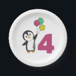Pinguin Vierte Geburtstagskugel für Kinder Papier  Pappteller<br><div class="desc">Der Pinguin mit Ballons zum vierten Geburtstag. Für jedes Kind,  das vier Jahre alt wird. Niedliche Pinguine zum 4. Geburtstag.</div>