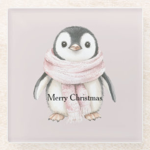 Pinguin Weihnachten mit rosa Schal Glasuntersetzer