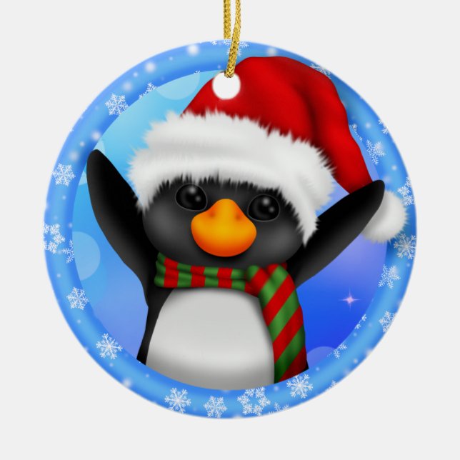 Pinguin Weihnachtsmannmütze Jahr Keramik Keramik Ornament (Vorne)
