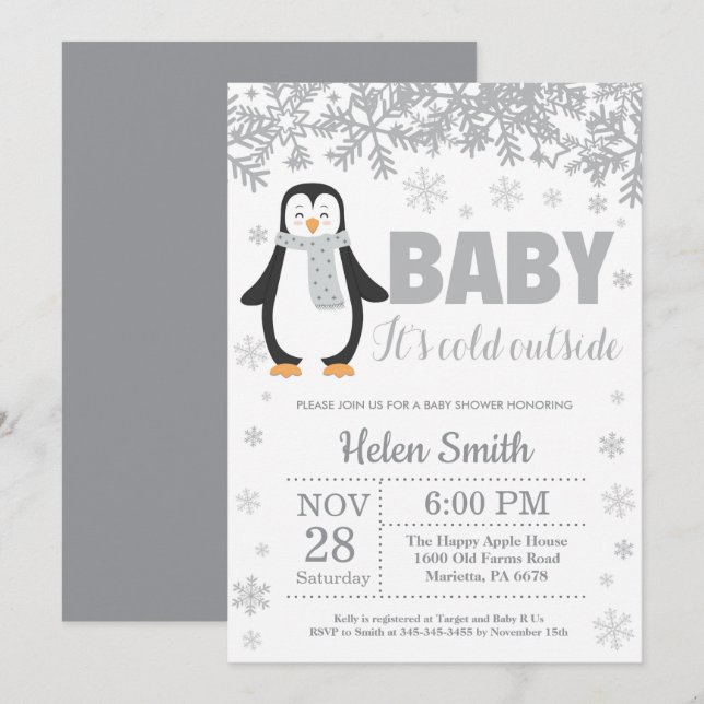 Pinguin Winter Baby Shower Snowflake Einladung (Vorne/Hinten)