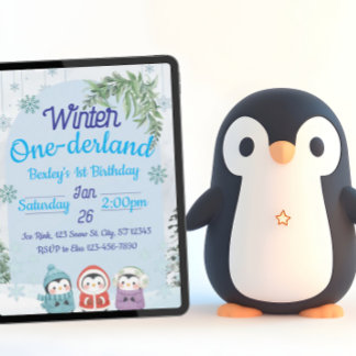 Pinguin Winter Einerland 1. Geburtstag Einladung