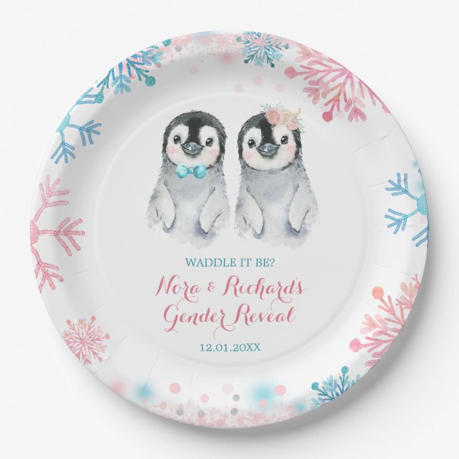 Pinguin Winter Gender Reveal Paper Plate Pappteller (Vorderseite)
