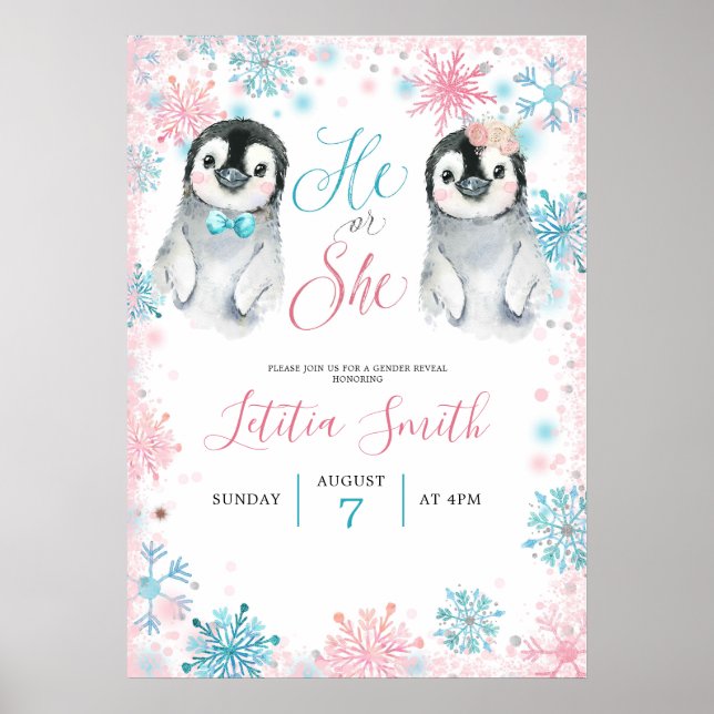 Pinguin Winter Gender Reveal Welcome Sign Card Poster (Vorne)
