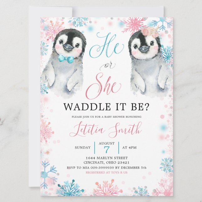 Pinguin Winter Gender Reveitation Einladung (Vorderseite)