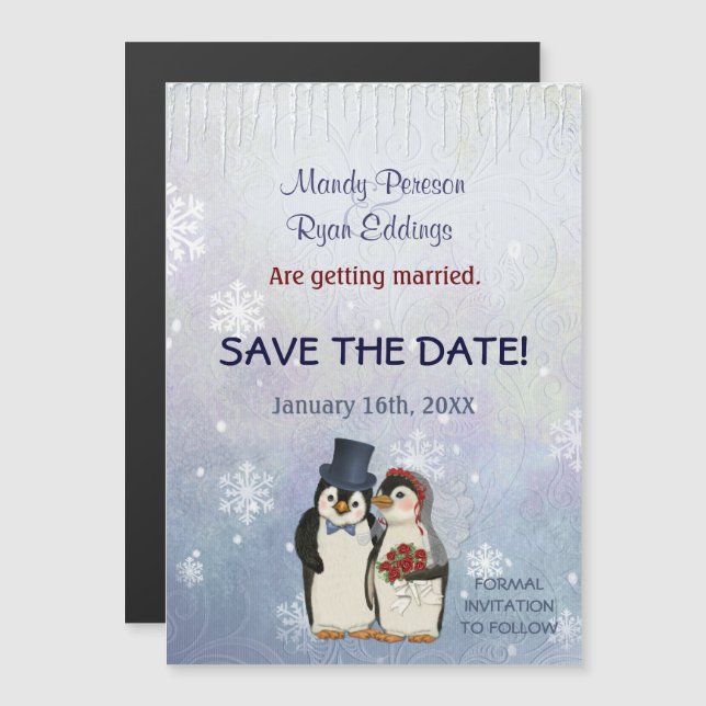 Pinguin Winter-Schneeflocken Hochzeit retten das D Magneteinladung (Vorne/Hinten)