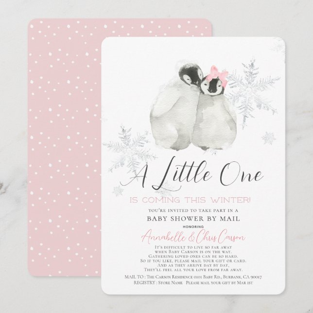Pinguin Winter Snowflake Pink Baby Dusche by Mail Einladung (Vorne/Hinten)