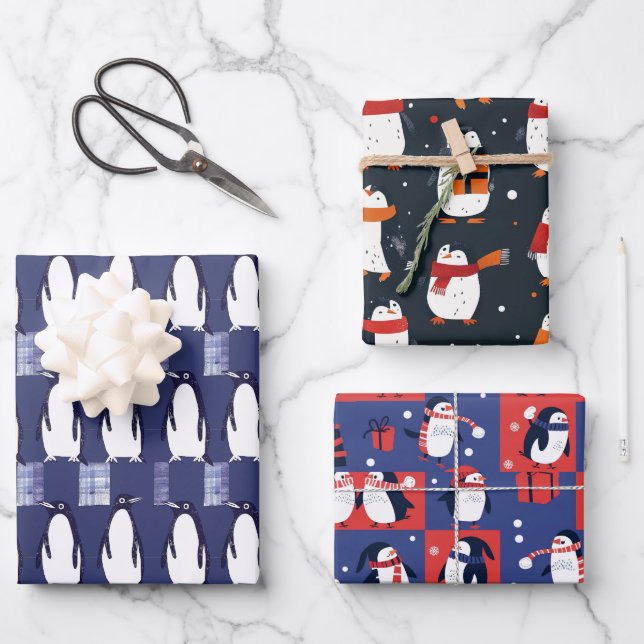 Pinguin-Wintermuster Blau Geschenkpapier  Set (Vorderseite)