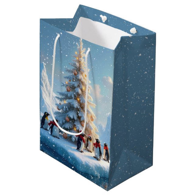 Pinguine Ansammlung Rund um einen Weihnachtsbaum Mittlere Geschenktüte (Vorderseite Schrägansicht)