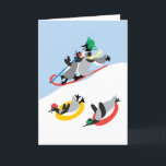 Pinguine Benutzerdefinierte Karte<br><div class="desc">Nur schlicht Spaß! Ein verschneites Bild von Pinguinen,  die Schlitten fahren. Es ist bezaubernd! Das originelle Design von Künstler,  Dag Dart ist so sehr skurril und fröhlich. Die Karte kann individuell angepasst werden. Sie können den Gruß im Inneren zu dem ändern,  was Sie wollen.</div>
