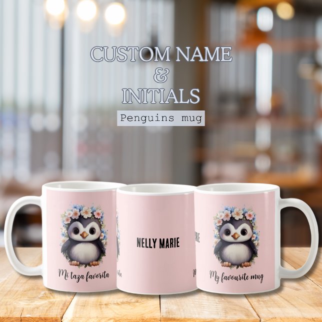 Pinguine Bilingual Mi Taza Favorita Spanisches Ros Kaffeetasse (My favourite mug pink cute penguins, bilingual text, Spanish mi taza favorita. Multilingual project)