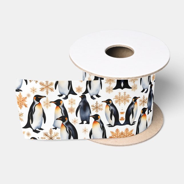 Pinguine & Goldene Sterne Winterurlaub Kunst, Dich Satinband (Spule)