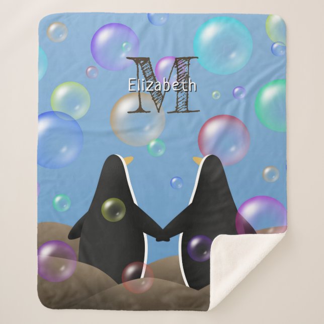 Pinguine halten Flossen und beobachten Blasen Sherpadecke (Vorderseite)