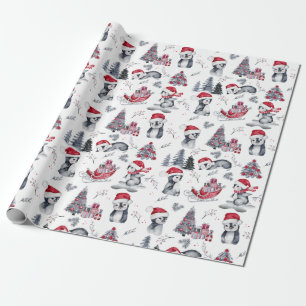 Pinguine in Weihnachtsmannmützen Winter Scene Pat Geschenkpapier