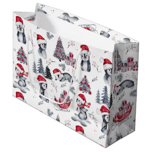 Pinguine in Weihnachtsmannmützen Winter Szene Mus Große Geschenktüte