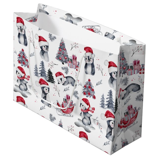 Pinguine in Weihnachtsmannmützen Winter Szene Must Große Geschenktüte (Vorderseite Schrägansicht)