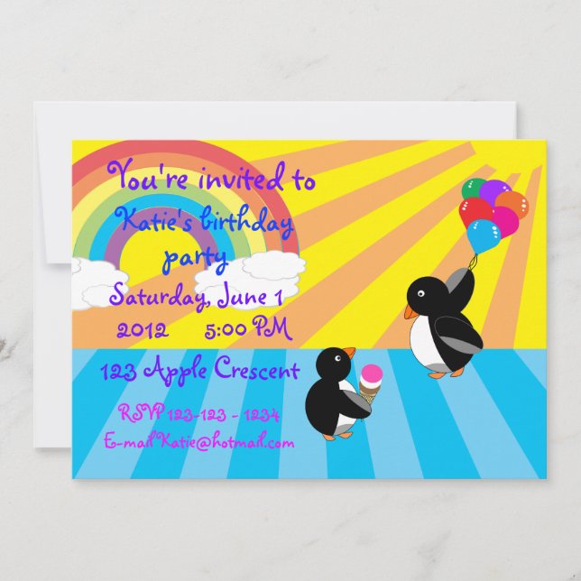 Pinguine mit Eis und Ballons Einladung (Vorderseite)