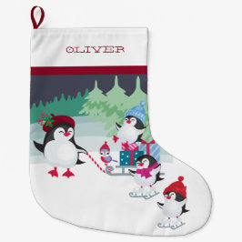 Pinguine mit Schlitten voller Weihnachtsgeschenke Großer Weihnachtsstrumpf