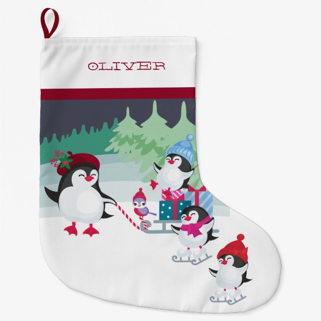 Pinguine mit Schlitten voller Weihnachtsgeschenke Großer Weihnachtsstrumpf (Vorderseite)