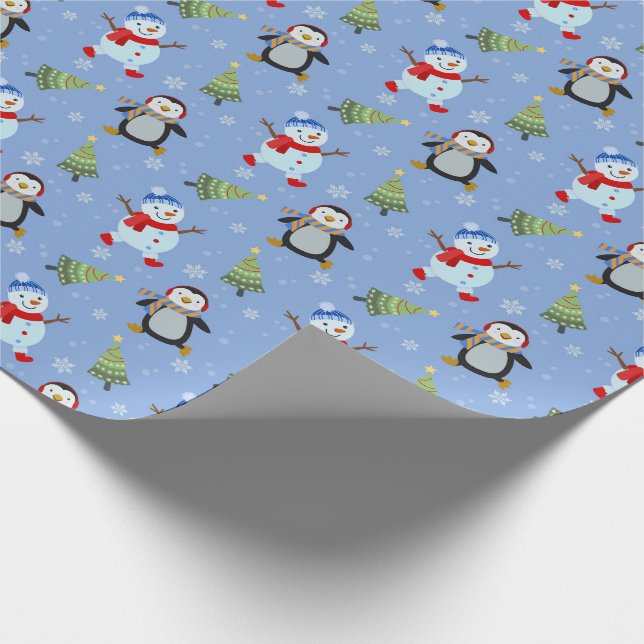 Pinguine, Schneemänner und Weihnachtsbaumen Geschenkpapier (Ecke)