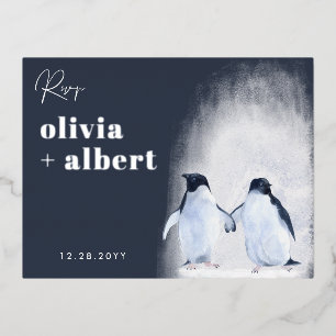 Pinguine Silver Winter Elegant Modernes Hochzeitss Folie Einladungspostkarte