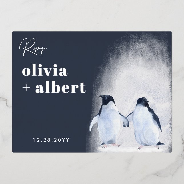 Pinguine Silver Winter Elegant Modernes Hochzeitss Folie Einladungspostkarte (Vorderseite)