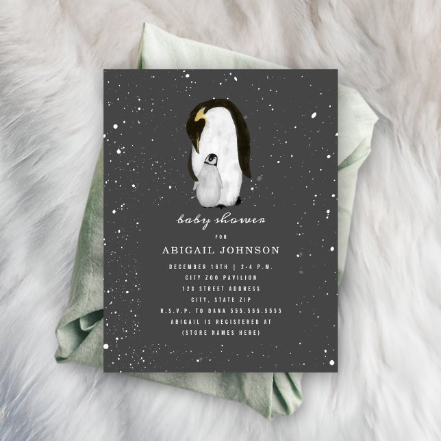 Pinguine Snow Dark Gray Winter Baby Dusche Einladung (Von Creator hochgeladen)