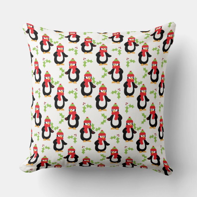 Pinguine und Holly Blätter Weihnachtskissen Kissen (Vorderseite)