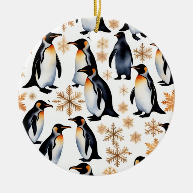 Pinguine und Schneeflocken Weihnachten und Neues J Keramik Ornament (Vorne)