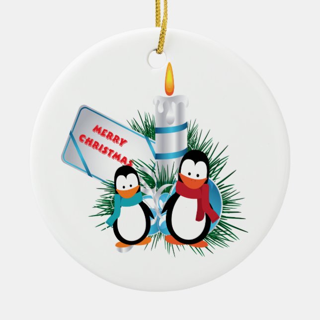 Pinguine und Weihnachtsgebräuche Keramikornament (Vorne)