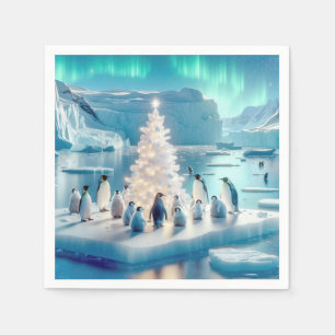 Pinguine versammelten sich um einen Weihnachtsbaum Serviette