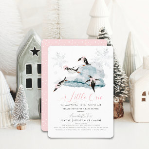 Pinguine Winter Snowflake Pink Girl Baby Dusche Einladung