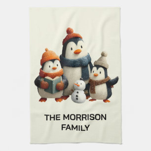 Pinguinfamilie im Winter mit Schneemann Geschirrtuch