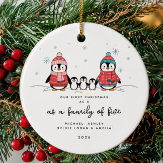 Pinguinfamilie mit fünf Weihnachtsbaumanhängern Keramik Ornament