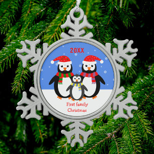 Pinguinfamilien-Baby erstes Weihnachten Ihr Text Schneeflocken Zinn-Ornament