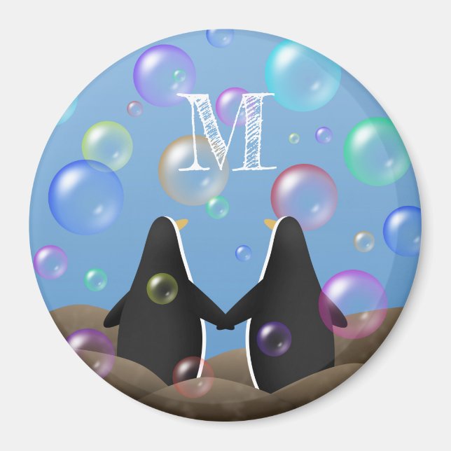 Pinguinfreunde schauen auf mit Monogramm Blasen Magnet (Vorne)