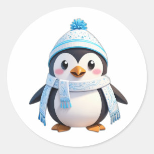 Pinguinkleber mit Schal und Schnee Runder Aufkleber