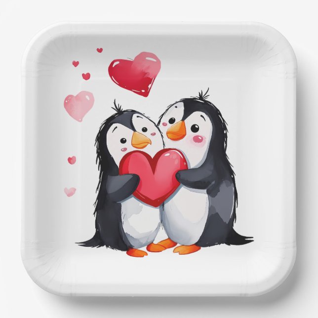 Pinguinpaare mit roten Herzen Pappteller (Vorderseite)
