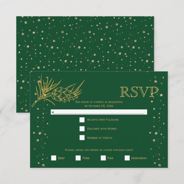 Pinien aus Glitzer, Konfetti, grüne Winterhochzeit RSVP Karte (Vorne/Hinten)