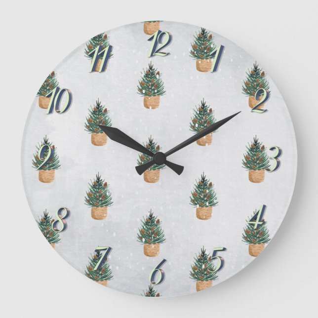 Pinienbäume, Kiefernbäume, Schneeurlaub Große Wanduhr (Vorderseite)
