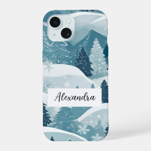 Pinienbäume mit Schneeschichten gestalten Winterwa iPhone 15 Hülle