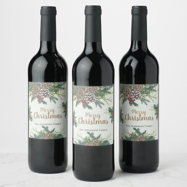 Pinienbäume und grüne Weihnachten Weinetikett (Flaschen)