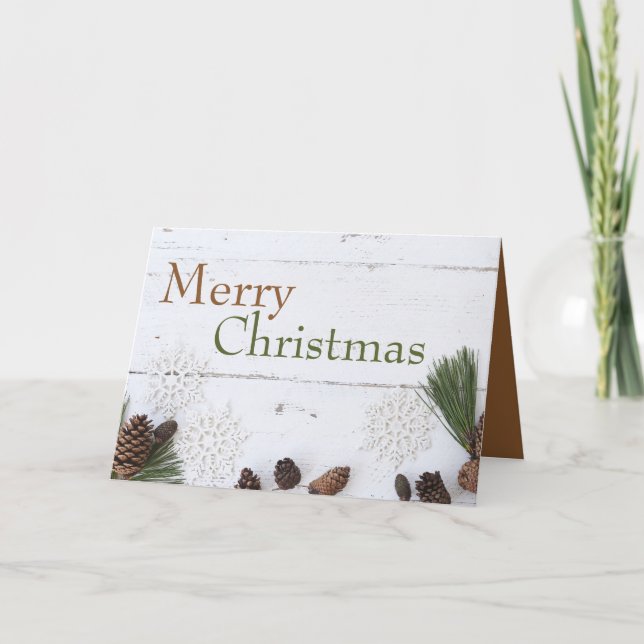 Pinienbäume und Schneeflocken, Weihnachtsgrüße Karte (Vorderseite)